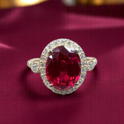 Engagement 14k Yellow Gold Ring Ruby Lab Grown 3.50 Carat Oval Cut Diamond