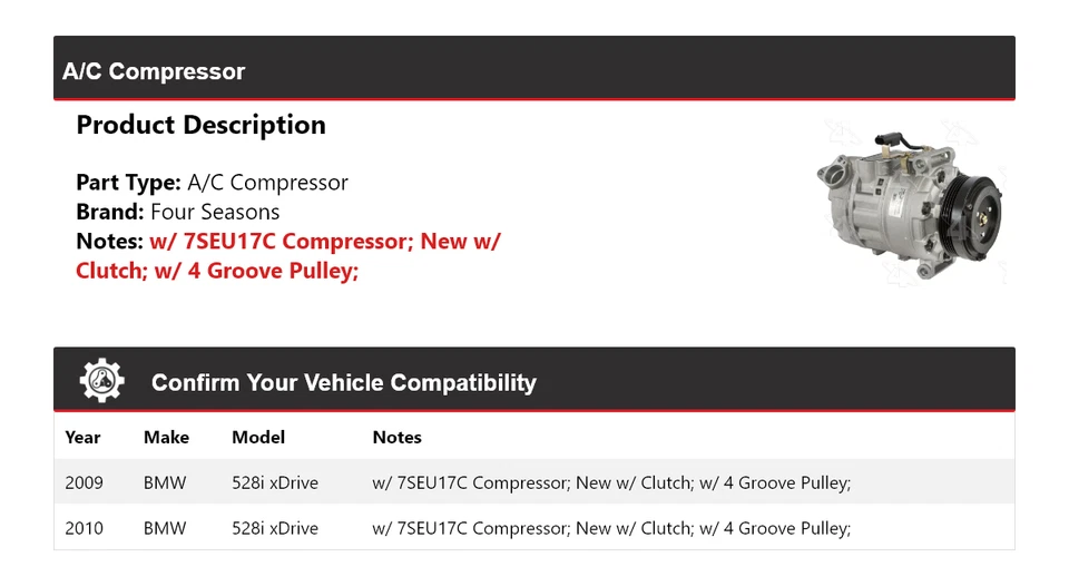 Compresor de aire acondicionado para BMW 528i xDrive 2009-2010 4 estaciones Foto 2 de 4