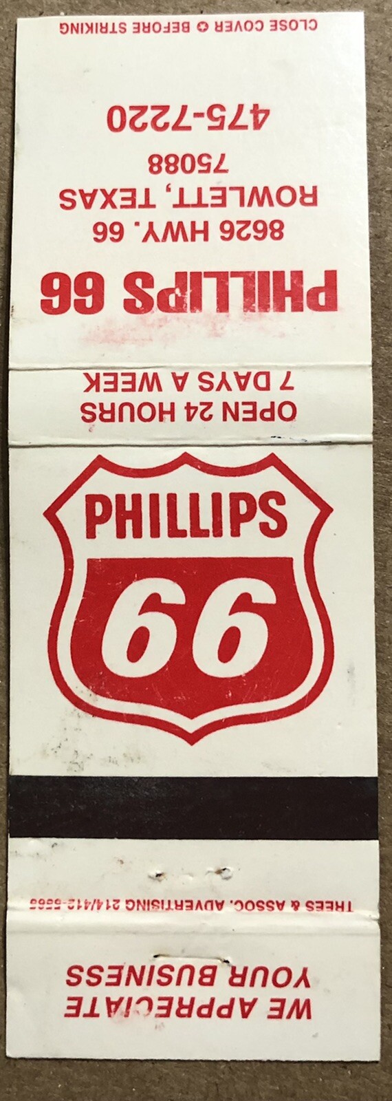 Vintage 20 Strike Matchbook Cover Phillips 66 Gas Station Rowlett, TX