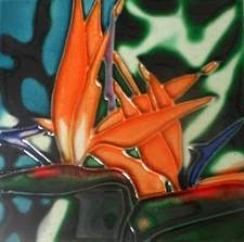 Bird of paradise hand painted ceramic art tile coaster 4 x 4 inches with back