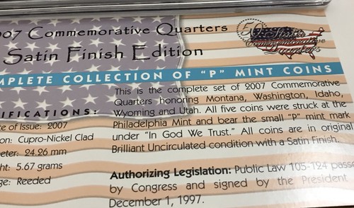 2007 D &P 50 STATE SATIN FINISH COMMEMORATIVE QUARTERS - 10 Coins & Card & Box - Picture 7 of 10