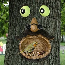 Tree Face Birdfeeder - Old Man with Glowing Eyes in Dark Outdoor Tree Hugger 