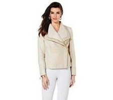 Iman Linen Leather Moto Jacket Gold Zip Front Beige Neutral M Pocket Long Sleeve