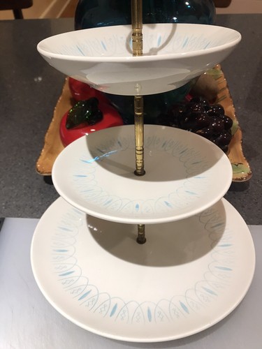 MCM 3 Tier Tidbit Tray Cream &Blue Design Royal China Brass Support, Carry Ring - Picture 2 of 5
