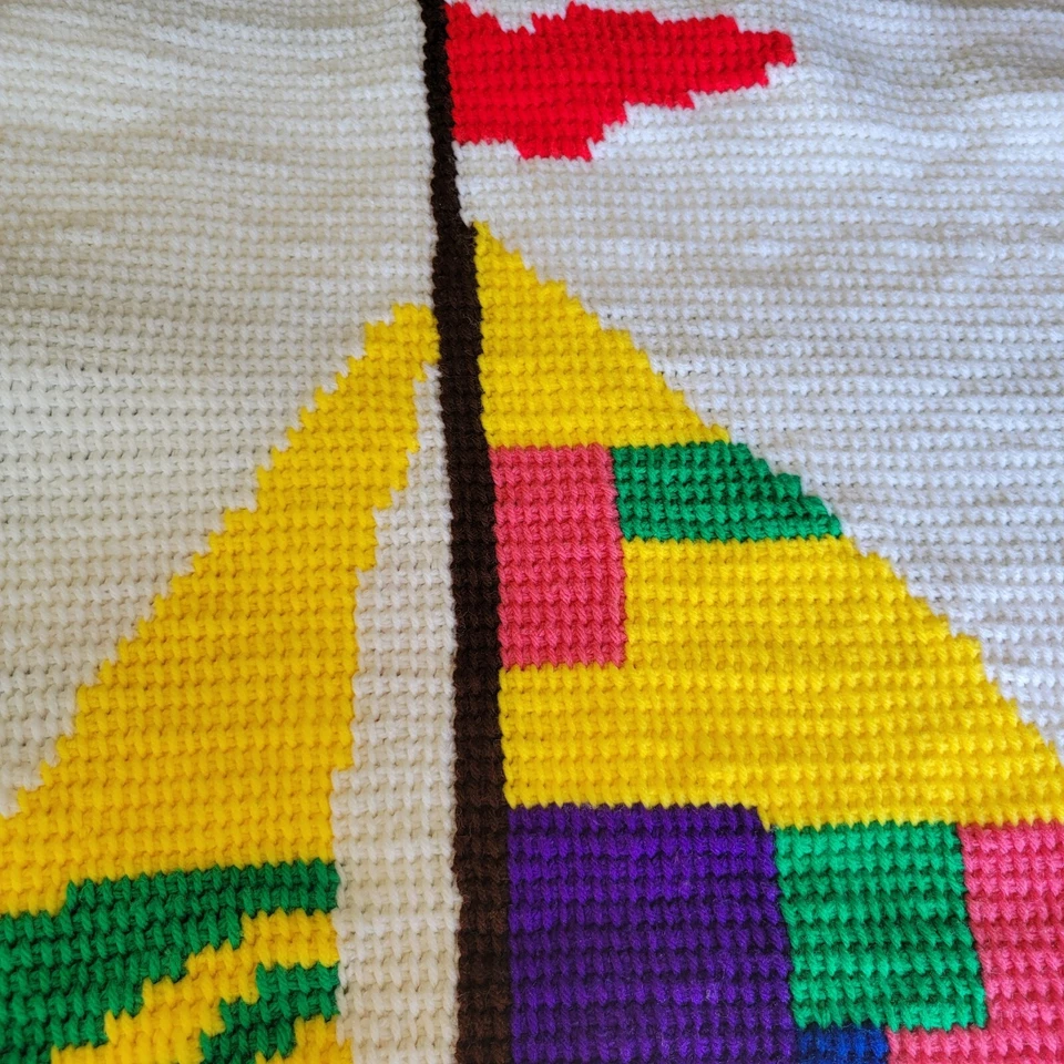 Vintage Hand Knit Sailboat Throw Blanket Wallhanging Nautical Sailing 54" x 39" - Image 3 of 4