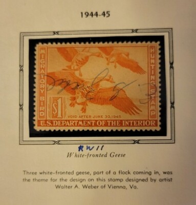 Timbre Fédéral Canard US 1944 Scott #RW11 - 1$ Oies, Rouge-orange, Utilisé