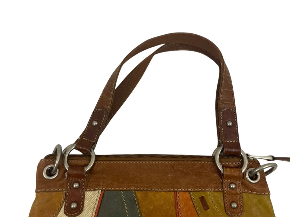 "Cartera de cuero fósil con retazos Bolso de hombro Bolso de mano Cremalleras Cierre 14,5"" H X 12,25"" L" Foto 4 de 4