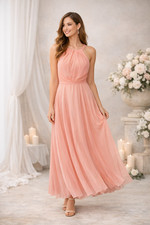 JJ's House Coral Blush Chiffon Maxi Dress Women L Formal Bridesmaid Wedding