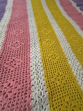 Vintage Crochet Crib Toddler Blanket Pink Yellow White Purple 56 x48