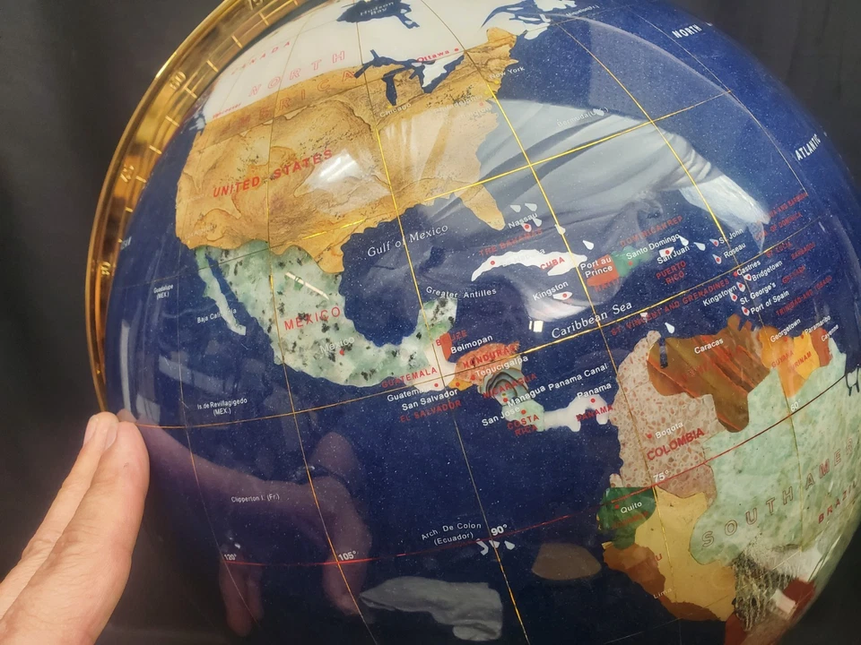 World Globe 13” Diameter Lapis & Semi Precious Gemstone, Gold Base - Image 3 of 4