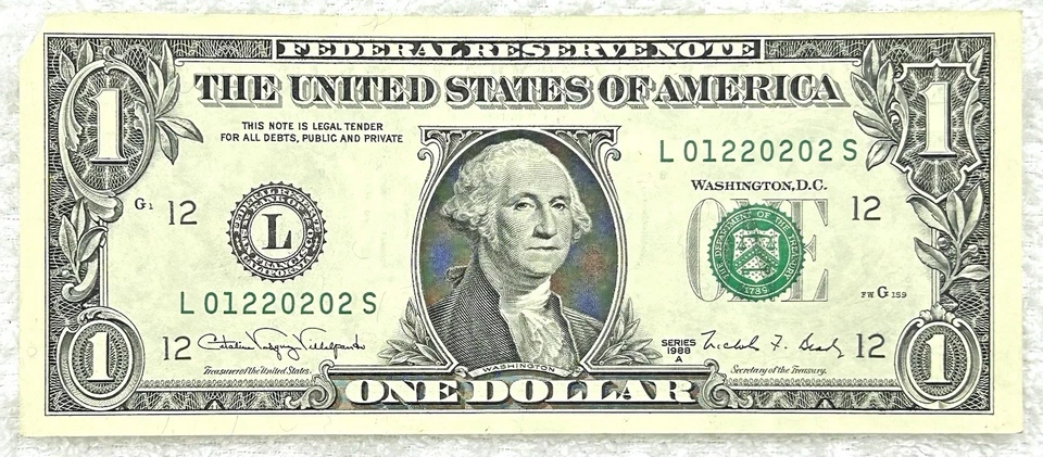 01220202 - Fancy Low Digit Serial - 1988A $1 Federal Reserve Note GEM - Image 2 of 3