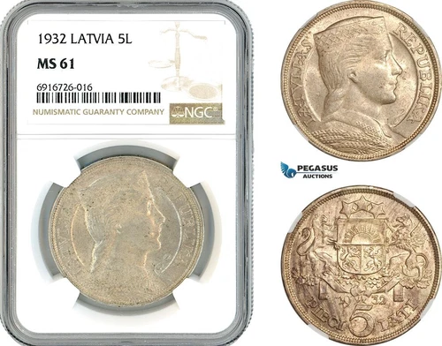 AK709, Latvia, 5 Lati 1932, Silver, NGC MS61