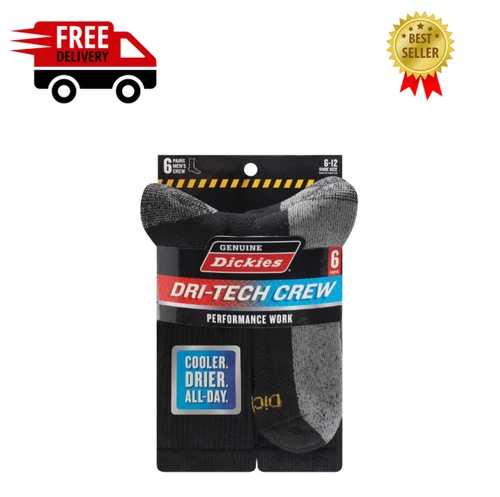 6 Pack Genuine Dickies Mens Dritech Crew Socks Moisture Control Black Size 6-12 - Picture 1 of 5