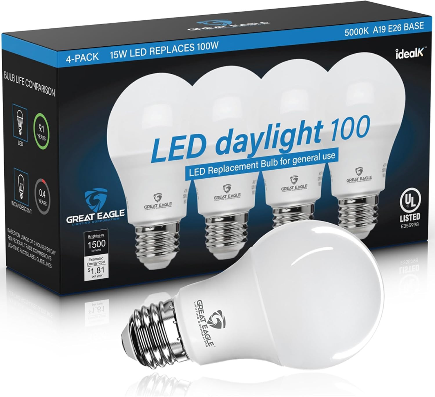 Great Eagle A19 LED Light Bulbs – 100W Equivalent (15W), Daylight 5000K, 1500