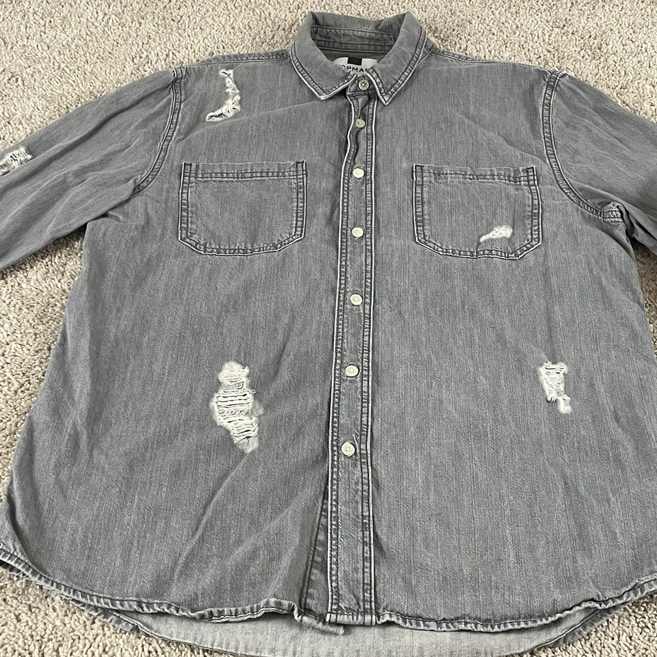Topman Shirt Men’s Large Gray Distressed Casual Streetwear Chambray Grunge 375 - Image 2 of 4