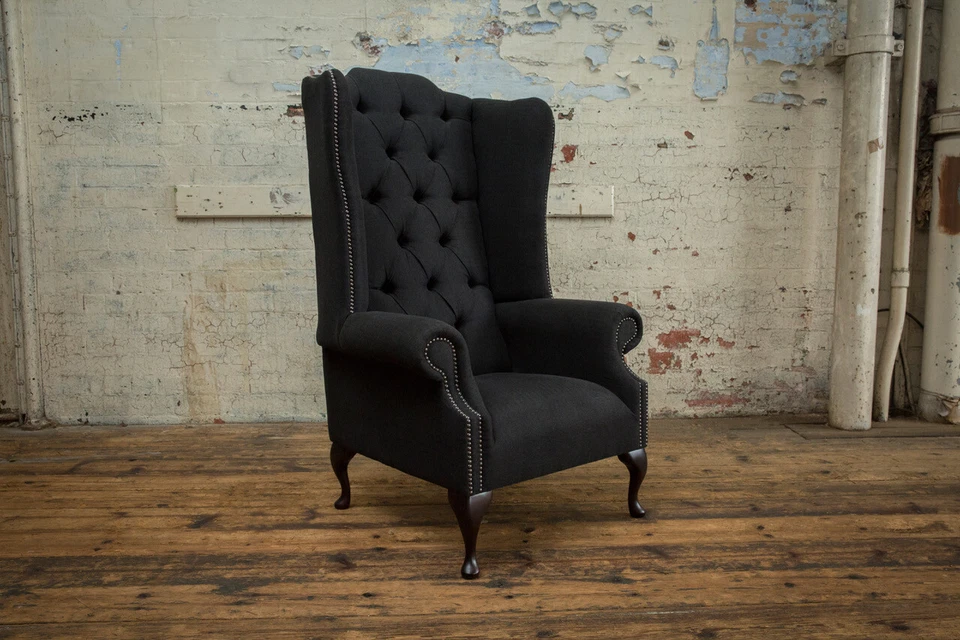 HANDMADE CHARCOAL GREY HERRINGBONE WOOL CHESTERFIELD HIGH BACK, WING CHAIR