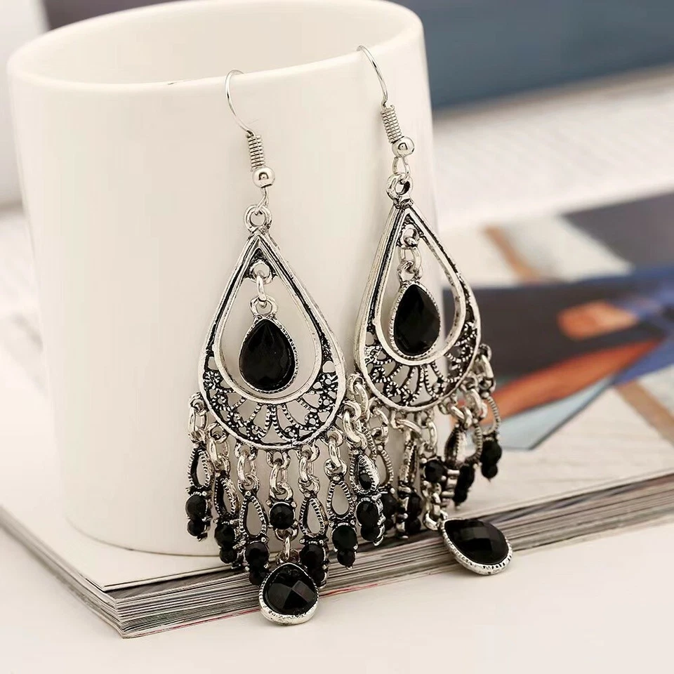 Women Jewelry Antique Earrings Turquoise Crystal Tassel Stud Teardrop Style 1399 - Image 4 of 4