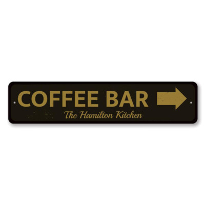 Coffee Bar Directional Arrow Sign, Personalized Family Name Metal Decor Sign