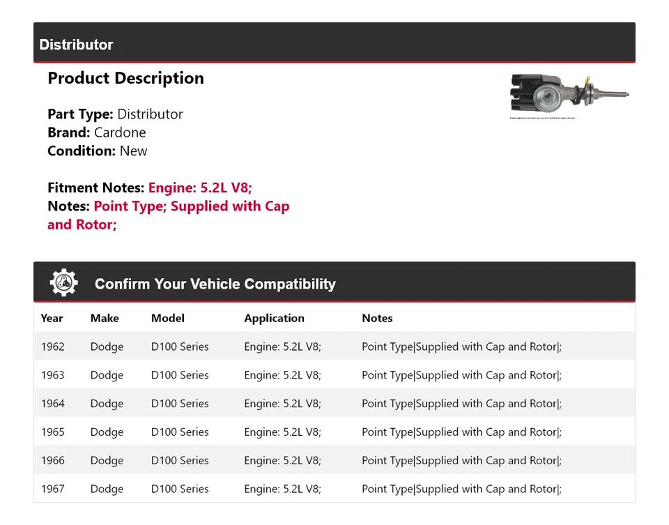 Para Dodge D100 Series 1962-1967 5,2 L V8 Distribuidor Cardone 1963 1964 1965 1966 Foto 2 de 4