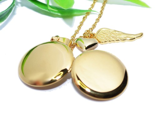 MEDAILLON mit Herz und Engelsfügel Kette Anhänger Halskette Foto Edelstahl gold - Bild 5 von 8