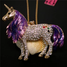New Shiny Crystal Purple Enamel Unicorn Fashion Women Pendant Sweater Necklace