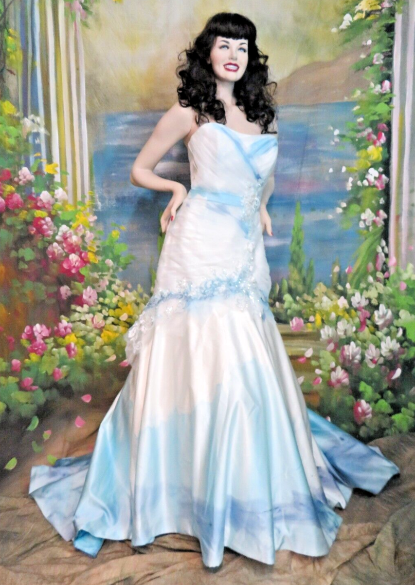 Wedding Prom Dress white Satin blue Waterlily Hand Painted Fit-n-flare 12 |  eBay