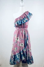 Entro Dress Womens Small Purple Blue Floral One Shoulder Ruffle Midi Boho Flowy