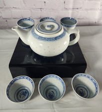 Vintage Blue and White Rice Eye Pattern Dragon Hand Painted Tea Set