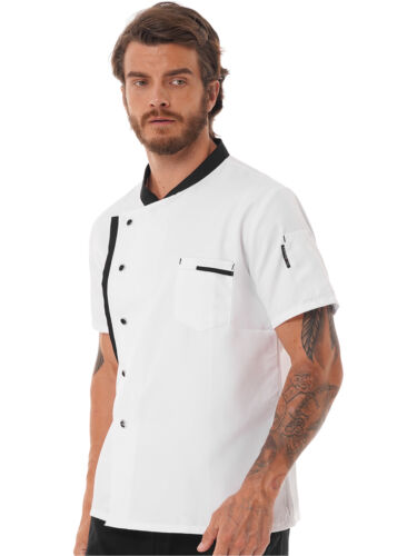 Mens Chef Coat Jacket Short Sleeve Collar Button Restaurant Kitchen Tops Uniform - Picture 13 of 26