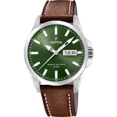 Festina F203585 Mens Brown Leather Straps Green Dial Analog Quartz Watch 41 mm