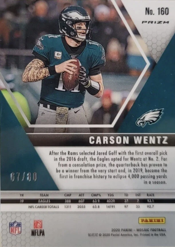 CARSON WENTZ 2020 Panini Mosaic Fusion Red Choice Eagles #67/80 PSA 10 Gem Mint - Image 4 of 4