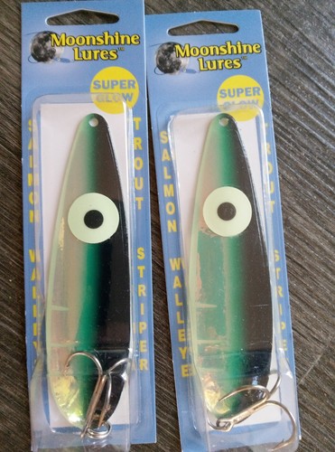 2 Moonshine Lures Magnum Salmon Trolling Spoons RV Green dotted Rodfather