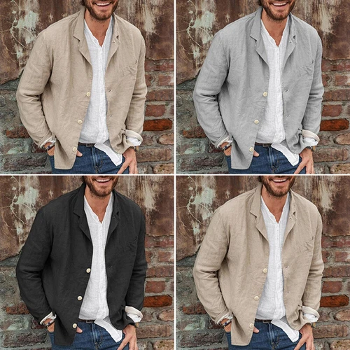 Men's Lightweight Linen Cotton Jacket Summer Leisure Blazer Coat Breathable Soft - Picture 1 of 18