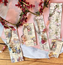 Set Of 5 Easter Junk Journal Tags Bookmark Beaded Dangle Decor Scrap Handmade