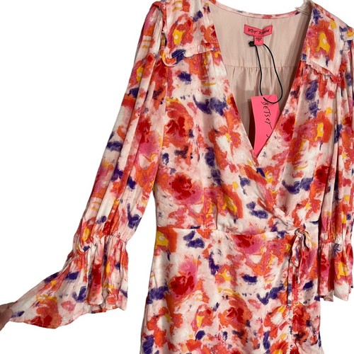 Betsey Johnson Gr. 4 Kleid Sonnenuntergang Blumen Wickel rosa lila Rüschen neu mit Etikett $ 99 - Bild 6 von 15
