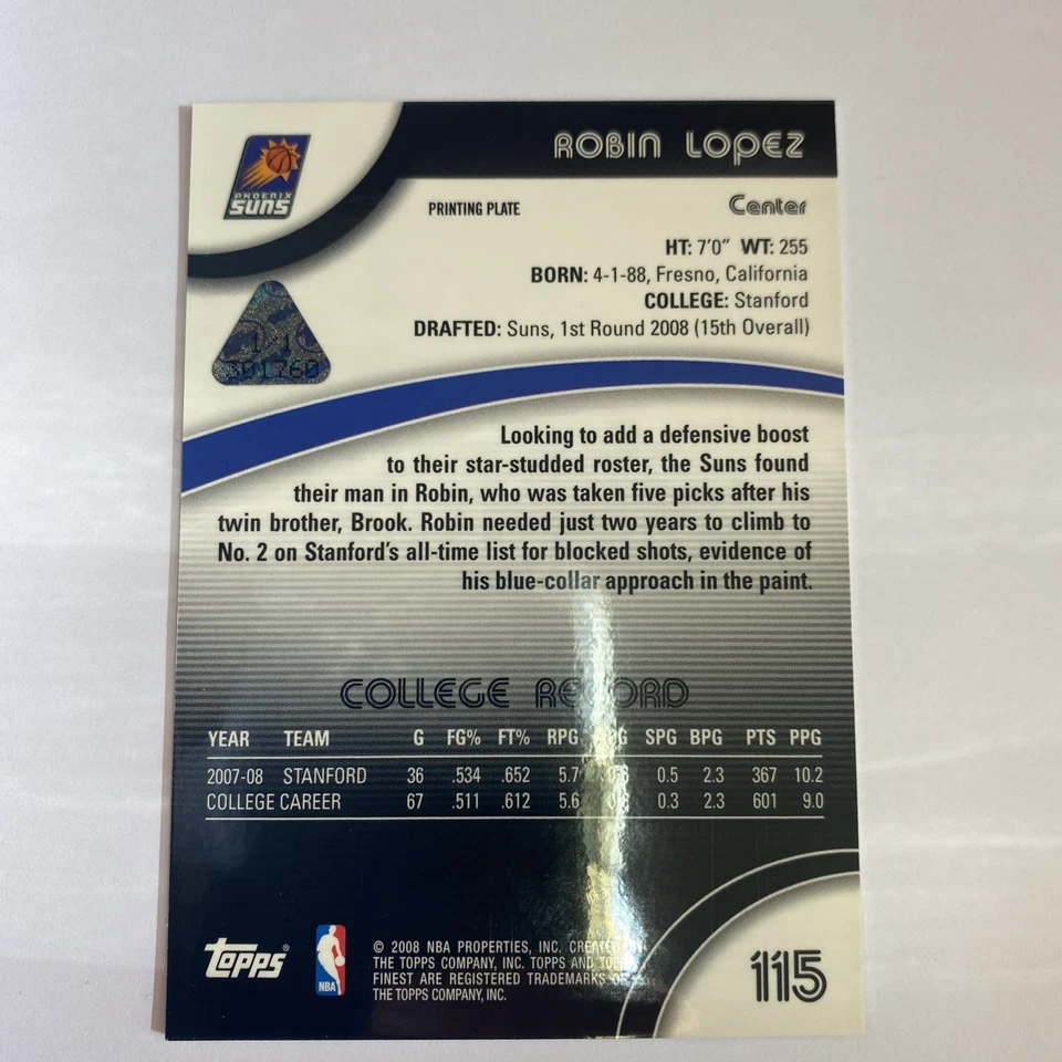 2008-09 Topps лучший дебютант Робин Лопес печатная пластина 1/1 RC и карта погашения - Изображение 4 из 4