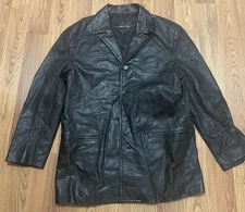 Albert Nipon City Jacket Mens 42R Black Genuine Leather Car Coat Button Front