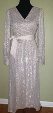 LAUREN CONRAD Cream Silver Sequin Bling Wrap Evening Dress Sz Small Holiday NWT
