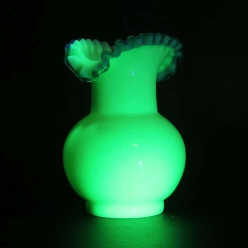 Vintage Fenton Aqua Crest Style Custard Glass Vase Ruffled Rim Uranium Art Glass