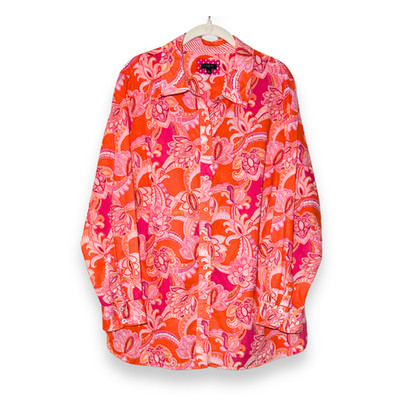 Talbots Plus 2X Cotton Paisley Floral Button Up Shirt Orange Pink Boho Statement