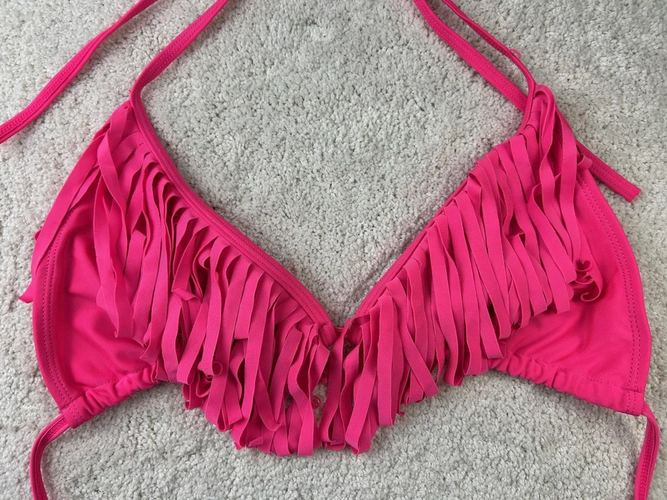 Top de bikini Bobbie Brooks para mujer grande rosa con flecos traje de baño halter playa Foto 2 de 4