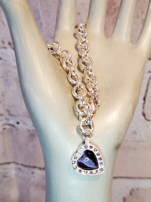 Silver Plated Rolo Link Charm Bracelet with Heart Charm Pink Crystal Accents B
