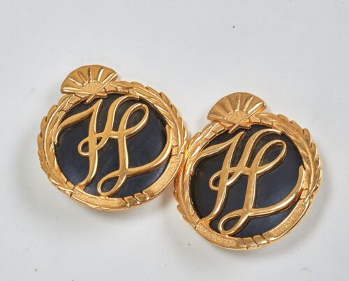 1990s KARL LAGERFELD (Chanel Designer) Large Black Gold Plated Clip KL Earrings - Picture 1 of 5