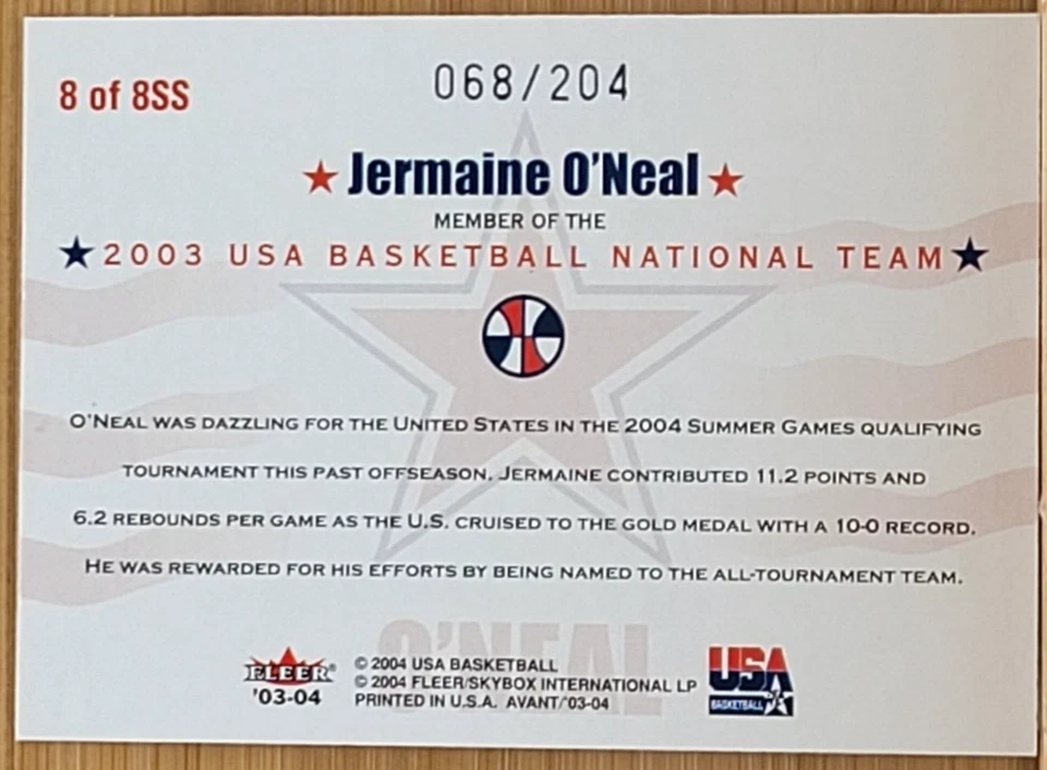 2003-04 FLEER AVANT JERMAINE O'NEAL STARS & STRIPES #D/204 - Image 2 of 2