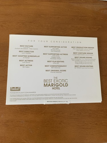 The Best Exotic Marigold Hotel (DVD, 2015) FYC Awards Screener 2012 - Picture 4 of 6