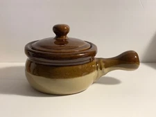 Individual Covered Casserole Dish Pottery Crock with Handle 3 Tone Brown Vintage