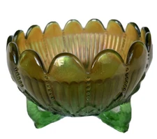 Northwood Leaf & Beads Three-Footed Rose Bowl 5.25" Green Amber Carnival Glass