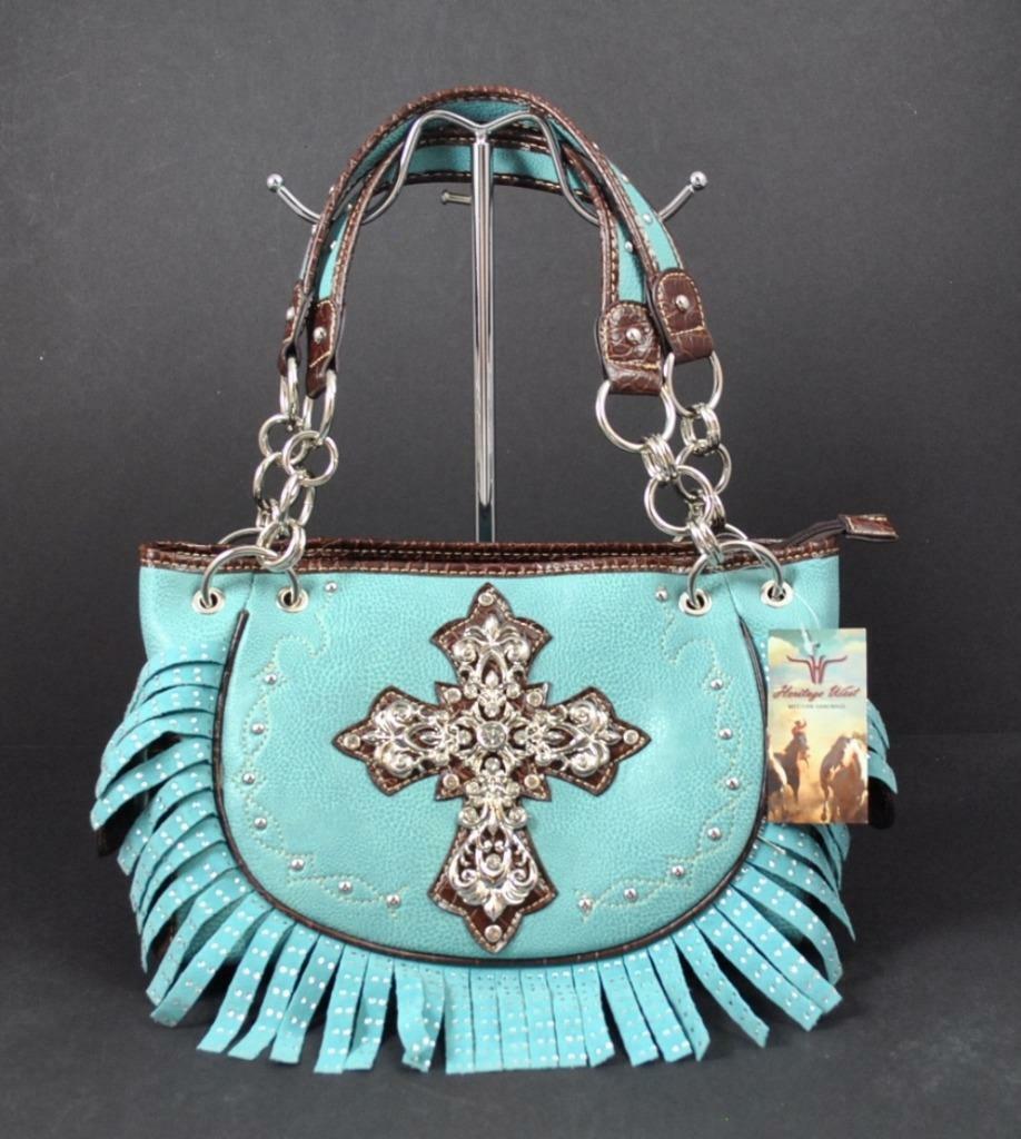 Western Cowgirl Purse Set 4pcs - Shoulder Bag, Wallet, Crossbody, Mini Wallet, Rhinestone Studded, Blue - View #8