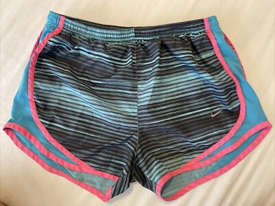 NIKE Dri Fit Tempo Brief Lined Running Shorts Aqua Blue Black Print Womens Small