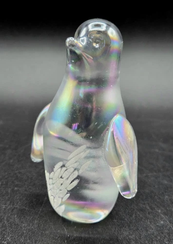 Vintage Fenton Crystal Clear Iridescent 4" Glass Penguin Figurine Paperweight
